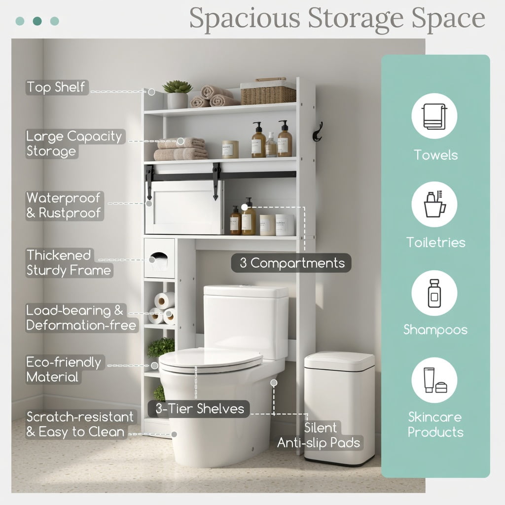 Hommoo Over-the-Toilet Storage Cabinet with Sliding Barn Door, Adjustable Shelves & Toilet Paper Holder, White