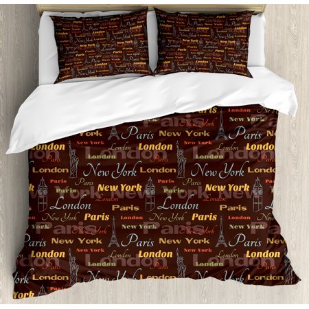 City Duvet Cover Set, Famous Places of World London Paris New York Big Ben Statue of Liberty Eiffel Tower, Decorative Bedding Set with Pillow Shams, Multicolor, by (Best Place For Bedding Sets)