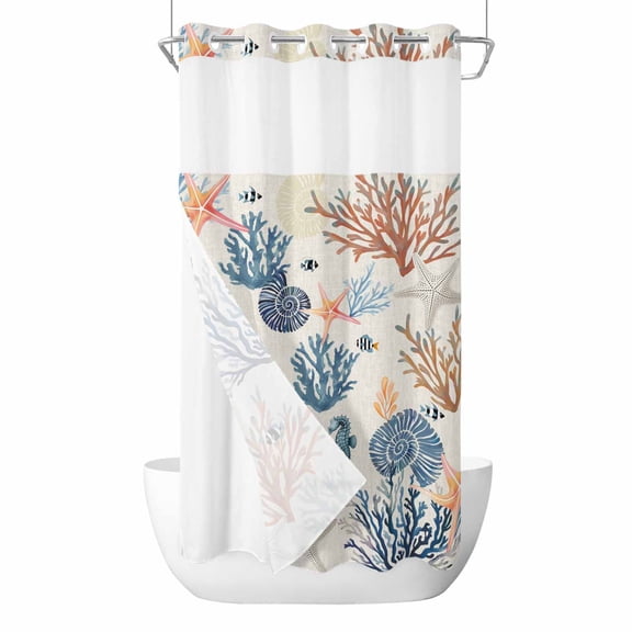 No Hook Blue Coastal Shower Curtain with Snap in Liner Set, Summer Beach Coral Shell Starfish Vintage Waterproof Fabric Bathroom Curtains with See Through Top Window, Hotel Style Stall 54 x 78 Inch