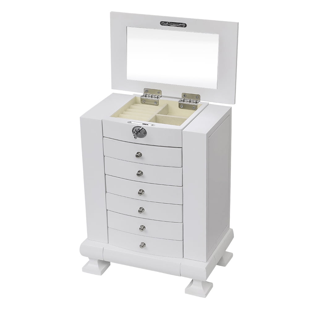 Kepooman 7 Layers Wooden Jewelry Box Case with Lock, Women' s Jewelry Display Storage Case Holder for Necklaces Rings Earrings Watches, White Kepooman 7 Layers Wooden Jewelry Box Case with Lock, Women' s Jewelry Display Storage Case Holder for Necklaces Rings Earrings Watches, White