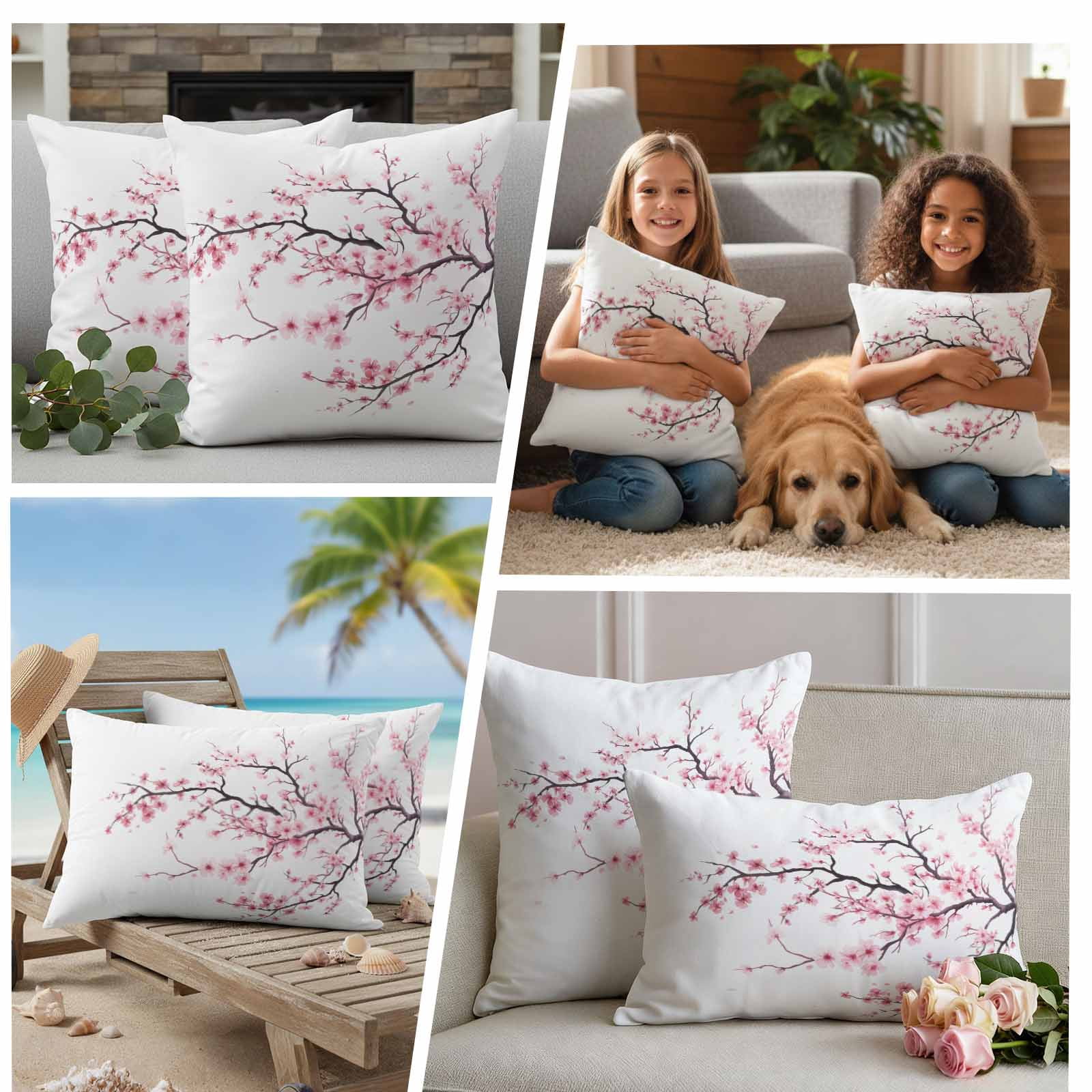 Cherry Flowers Pillow Covers 2 Pack Pink Floral Branch Spring Watercolors Pillowcase Waterproof Outdoor Throw Pillow Cover for Patio Garden Square Cushion 18”x18”