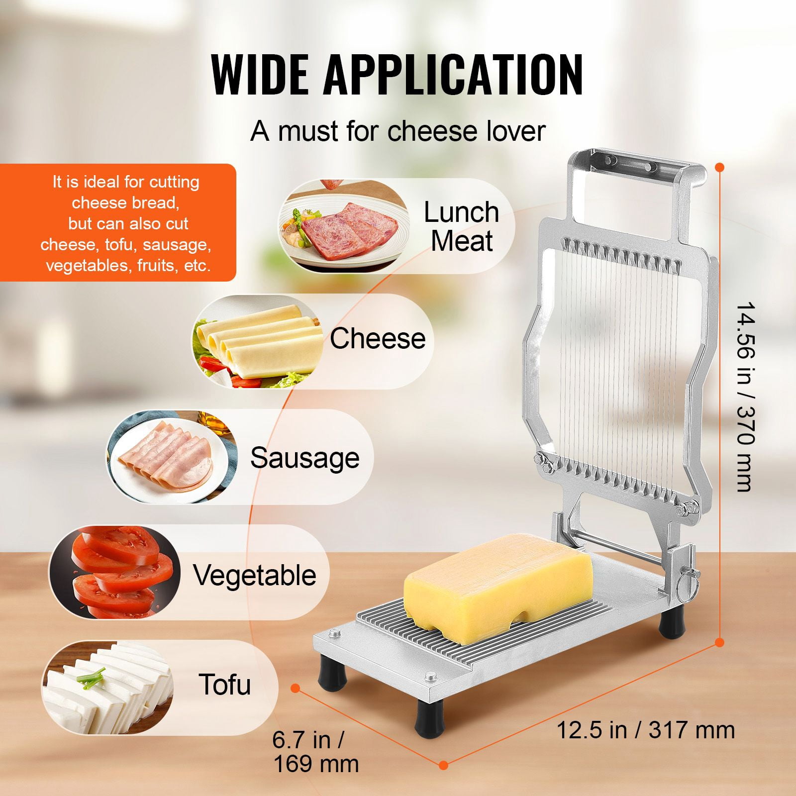 Ultra-Thin Cheese and Bread Slicer 0.2 Inch Thickness 316 Stainless Steel Blades Aluminum Alloy Body Detachable for Cheese Bread Tofu Sausage
