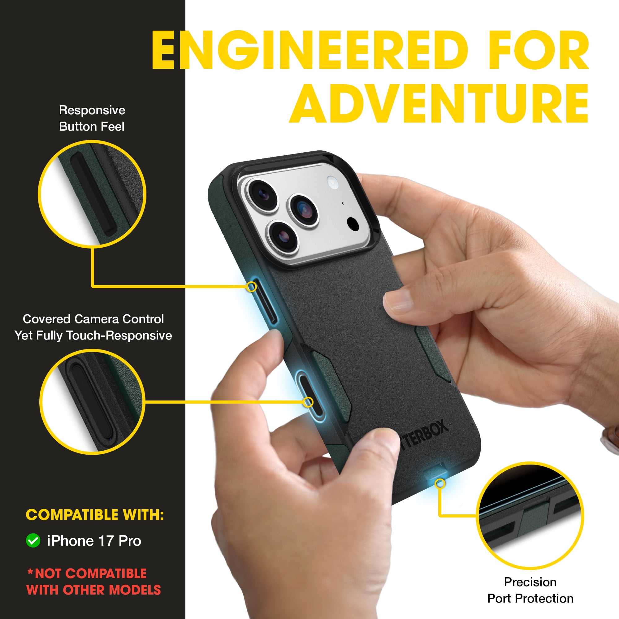 OtterBox iPhone 17 Pro (Only) – Commuter Series Case – Built-In MagSafe – Thin, Dual-Layer, Pocket-Friendly, Port Cover – Forest Night (Black/Green)