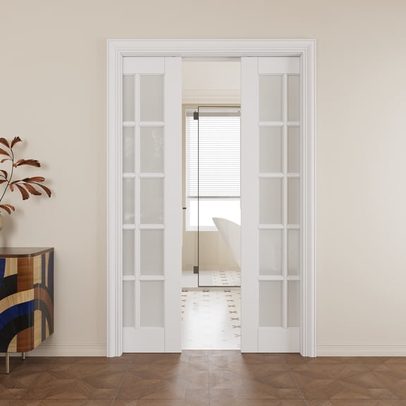 48" x 80" (Double 24") 10-Lite Frosted Glass Pocket Doors with Soft Close, Solid Door Panel & Pocket Doors Hardware & Frames, Bathroom Door, Bedroom Door, Pre-finished & Paintable, White