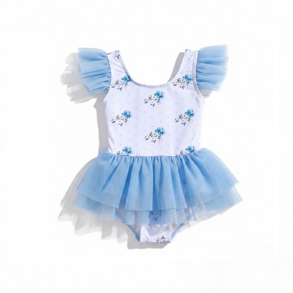 FINALGANG Toddler Girls One Piece Tutu Swimsuit With Floral Print Square Neck Ruffle Mesh Sleeves Tiered Tulle Skirt For Summer Beach Pool Leisure Swimwear