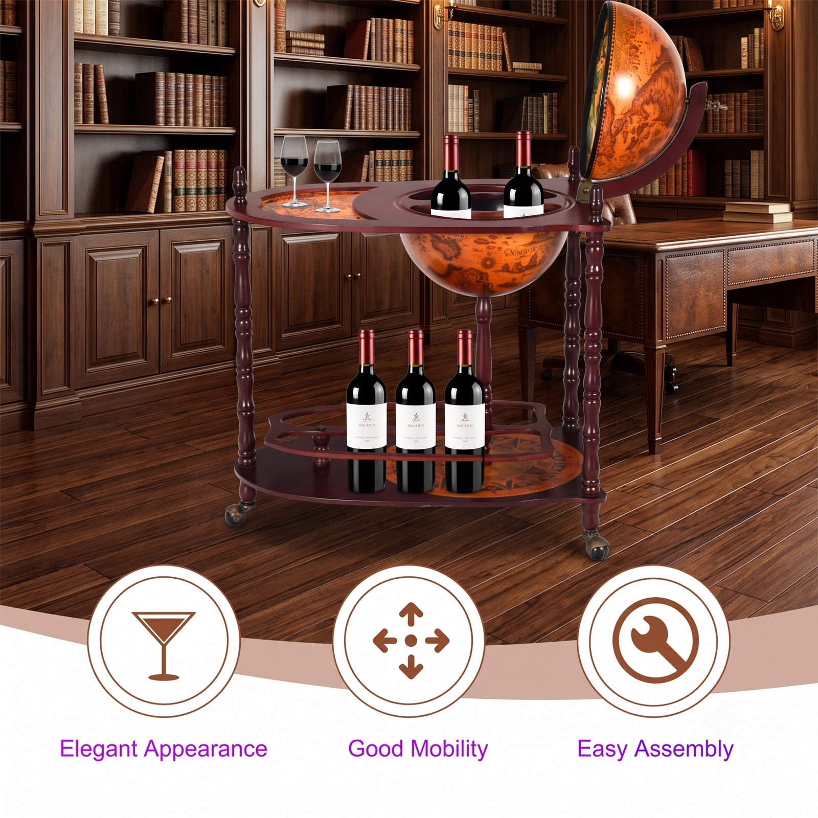 RUIE Vintage Globe Rolling Wine Bar Cart with Extra Shelf, Mobile World Map Liquor Storage Stand with 3 Casters for Home Kitchen Dining Room, Brown