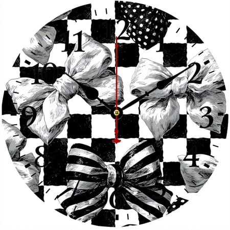 CozyHour Black and White Bow Wall Clock, 9.84 Inch Round Checkered Ribbon Analog Clock, Decorative Wall Decor for Kitchen, Bedroom and Living Room