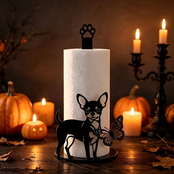 Dalxymotic Wood Paper Towel Holder Stand, Black Hollow-Out Butterfly Dog Design, Kitchen Roll Tissue Cling Wrap Storage Organizer, Kitchen Storage for Counter, Pantry, Table, Shelf