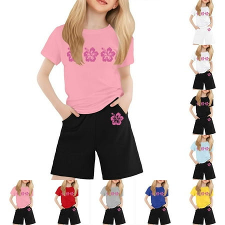 LRen Toddler Outfits for Girls 2t-4t Cute Print Short Sleeve T Shirt Tops + Elastic Shorts Crewneck Casual Shorts Set 2 Piece Outfit Outdoor Casual Clothes