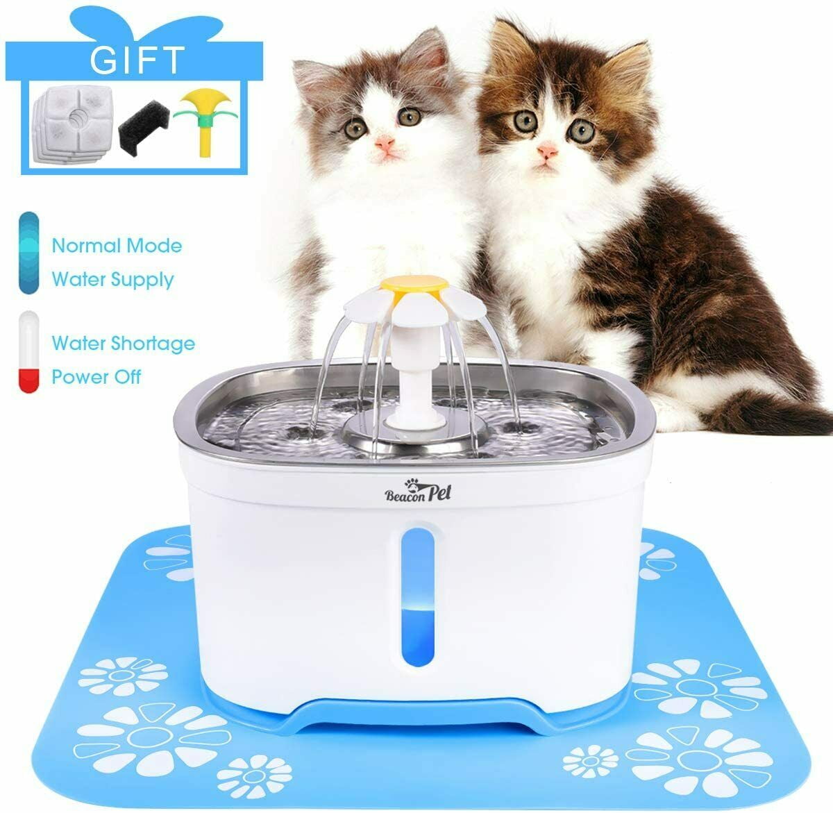 Beacon Pet Water Fountain 84oz/2.4L Automatic Cat Fountain Stainless Steel Dog Water Dispenser with Filter & Led Lights for Cats Dogs Multiple Pets 