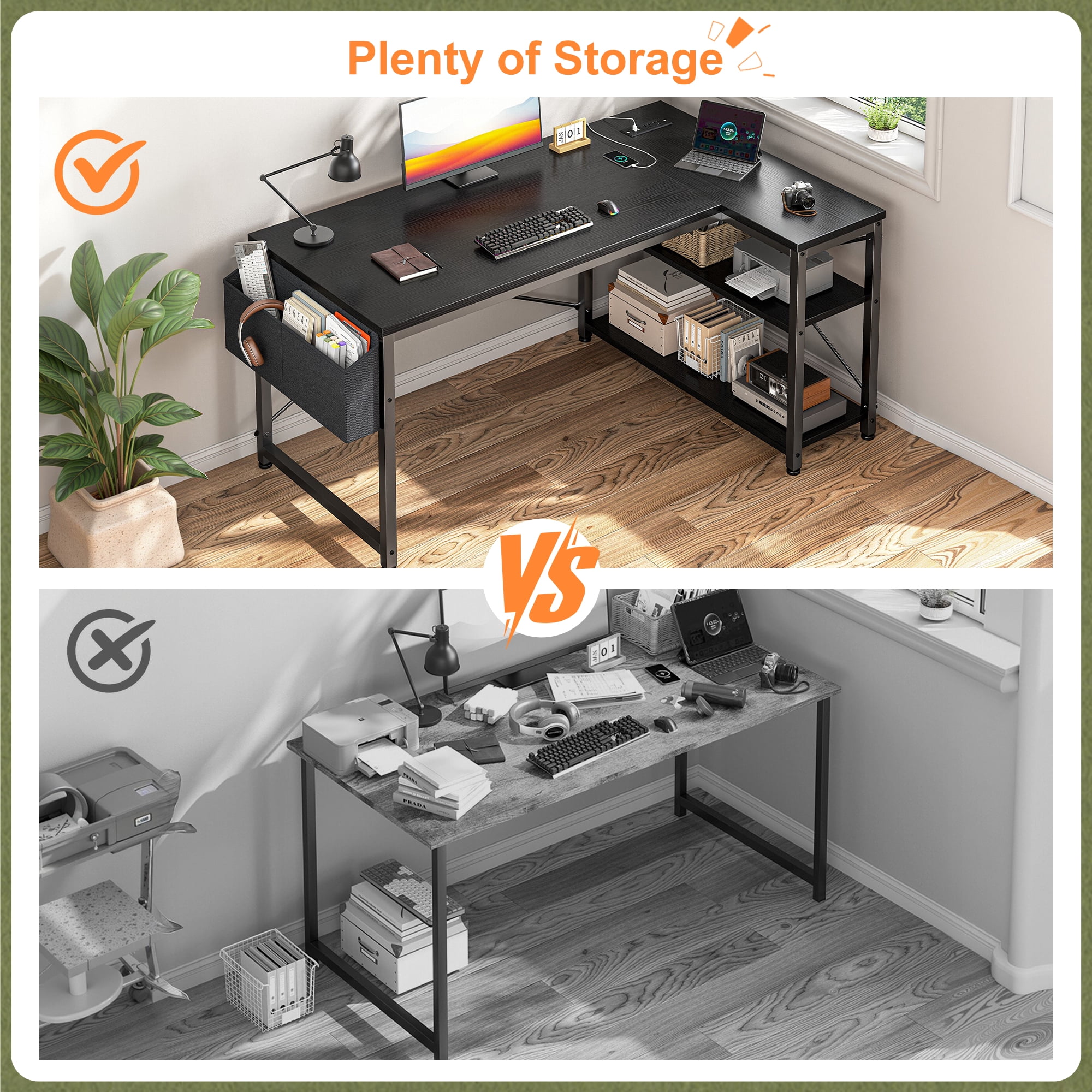 EnHomee L-Shaped Computer Desk with Charging Station, Small Desk with Storage Shelves for Gaming, Writing, Black