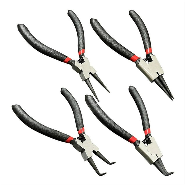 Juego de 4 Alicates Pequeños para Anillos de Presión, Minialicates para Anillos de Seguridad Internos y Externos con Mandíbula Recta/Doblada, Alicates de Clip en C con Resorte