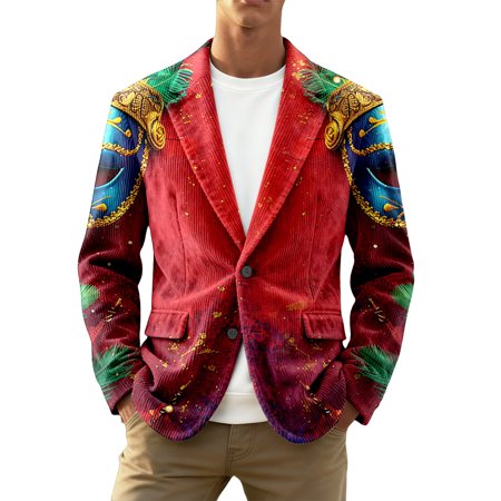 FYEGRE Men s Carnival Print Corduroy Casual Jacket for Formal Events and Evening Outings Red XXL