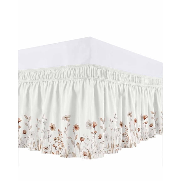 Spring Flower Bed Skirt Queen Size 18 Inch Drop, Watercolor Grey Red Floral Leaf Plant Beige Background Adjustable Elastic Dust Ruffles Bedskirt for Queen Bed Wrap Around Pleated Mattress Frame Cover