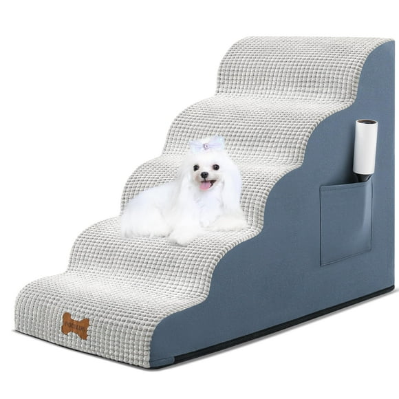 POCBLUE Dog Stairs for Small Dogs 22.4" H, 5-Step Wide Pet Step for High Bed or Couch, Curved Pet Ramps for Cats with High-Density Foam and Washable Cover, Grey