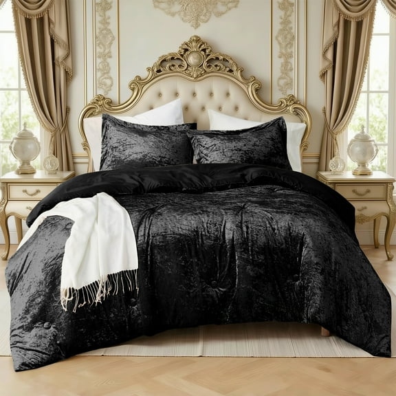 Regency Heights Full/Queen Cozy Velvet Comforter Sets, Luxury 3-Piece All-Season Bedding, Bed Set with ShamsBlack