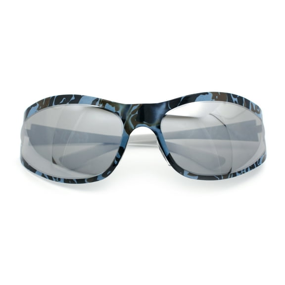 Color Camouflage Metal Frame Wrap Around Oval Sport Sunglasses Blue Brown Camo - Silver Mirror