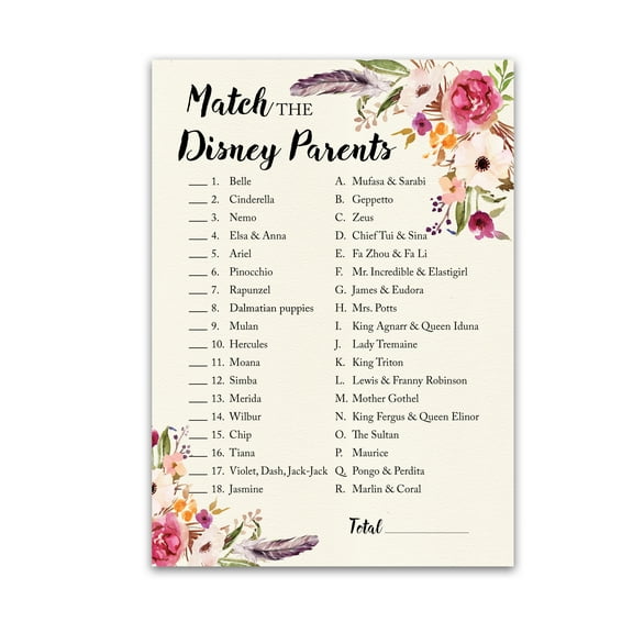 BOHO Baby Shower Games CARTOON PARENT MATCH — Pack of 25 — GIRL Bohemian Pink Floral, Match Famous Parents Fun Baby Shower Activity, Star Kids Match Game G400-DPM