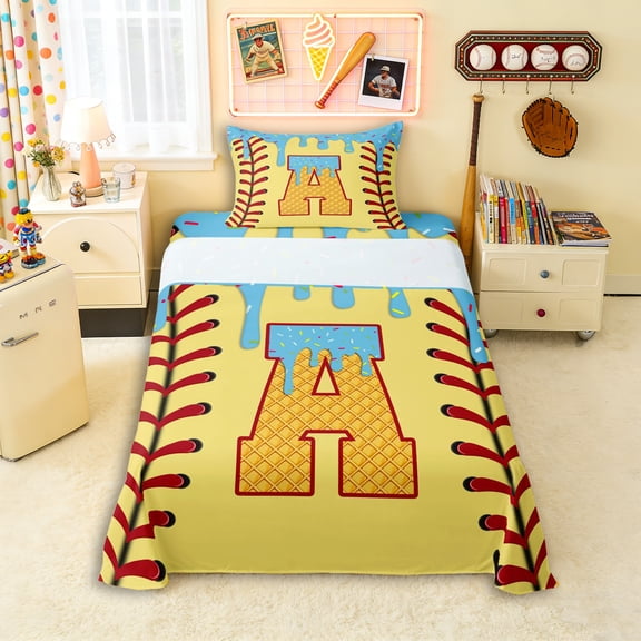 Erosebridal Light Blue Dripping Baseball Stitch & Waffle Letter A Graphic Twin Sheet Sets 3pcs, Alphabet Graphic Bedding for Boys And Girls Kids,Microfiber Bedroom Decor