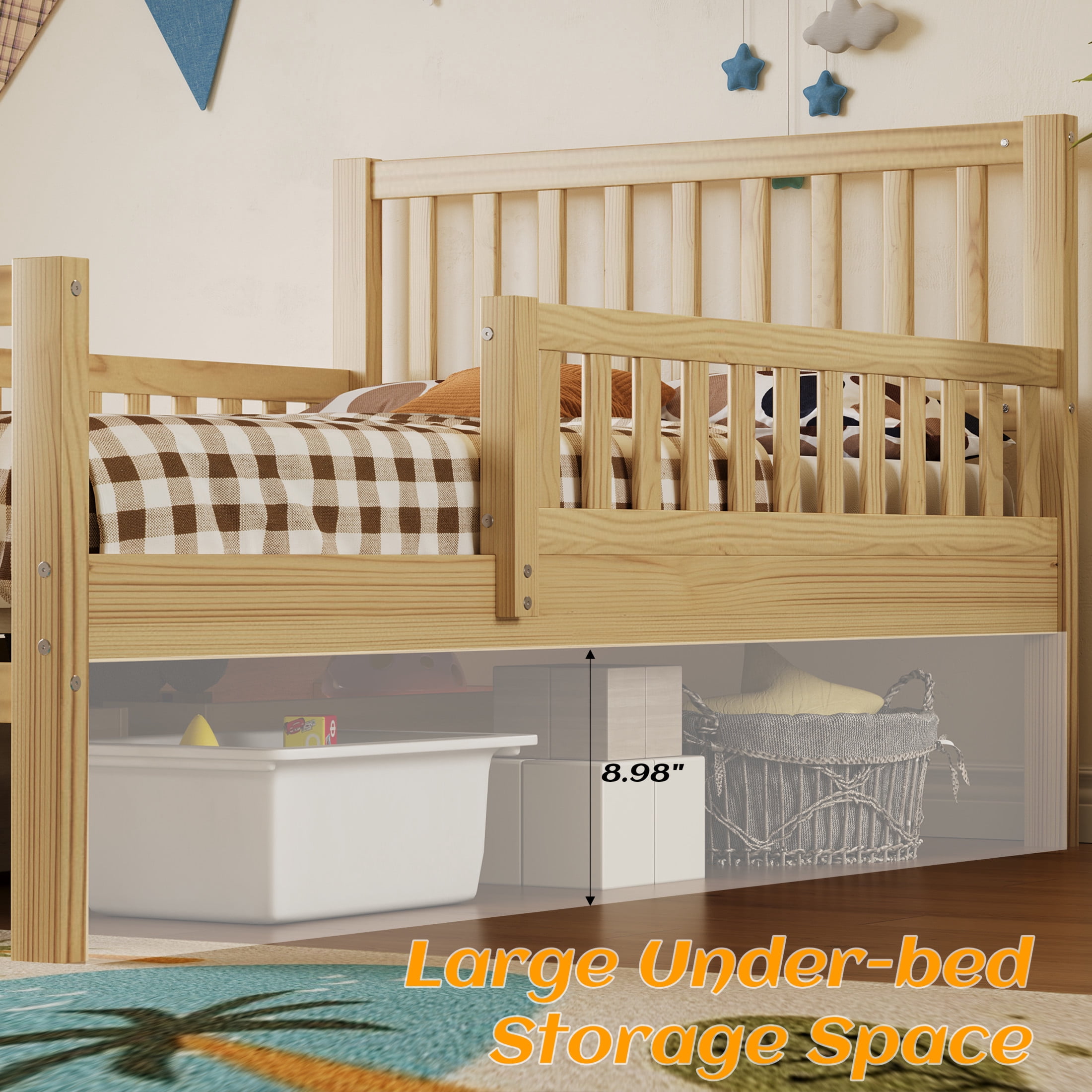 Noble House Twin Size Wood Platform Bed with Guardrails and 2 Storage Drawers, Natural
