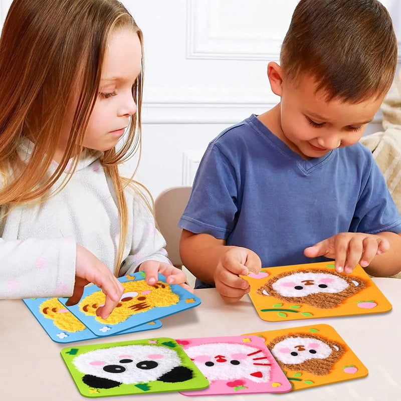 DIY Embroidery Doll Set, 4pcs Cute Cartoon Animal Sewing Craft Kit Sewing Projects Yarn Board (Panda + Cat + Tiger + Monkey)