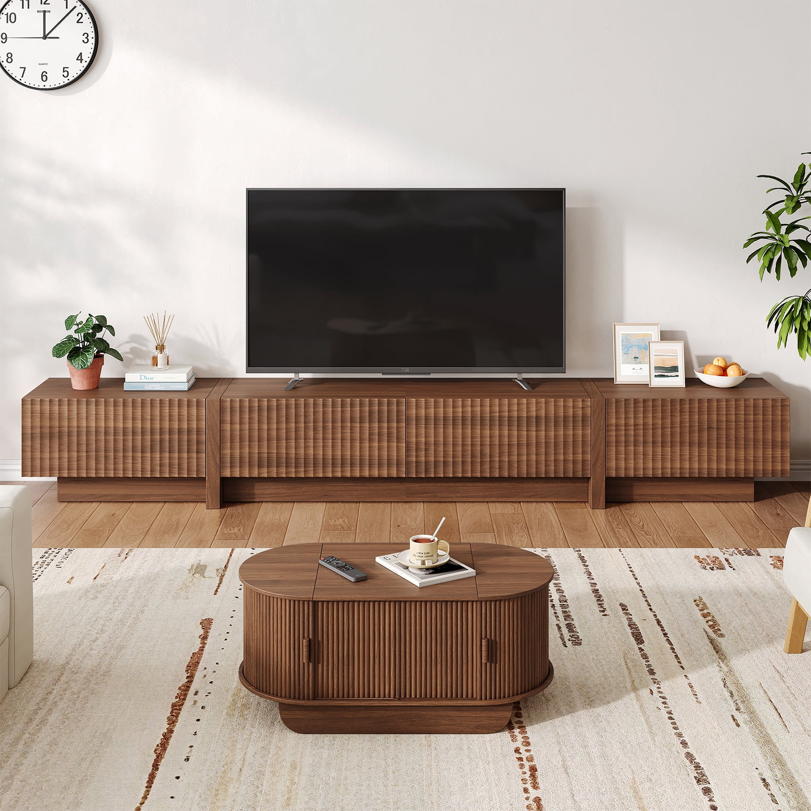 98" Walnut Modern TV Stand, Large Entertainment Center with Drawers & Storage Compartments, Fits 55"-95" TVs for Living Room