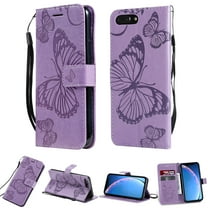 for iPhone SE 2022/ SE 2020/ 8/ 7 Wallet Case, Kickstand Case Credit Card Holder, Embossed Butterfly Pattern with Strap Premium PU Leather Magnetic Closure Shockproof Protective Flip Cover, Purple