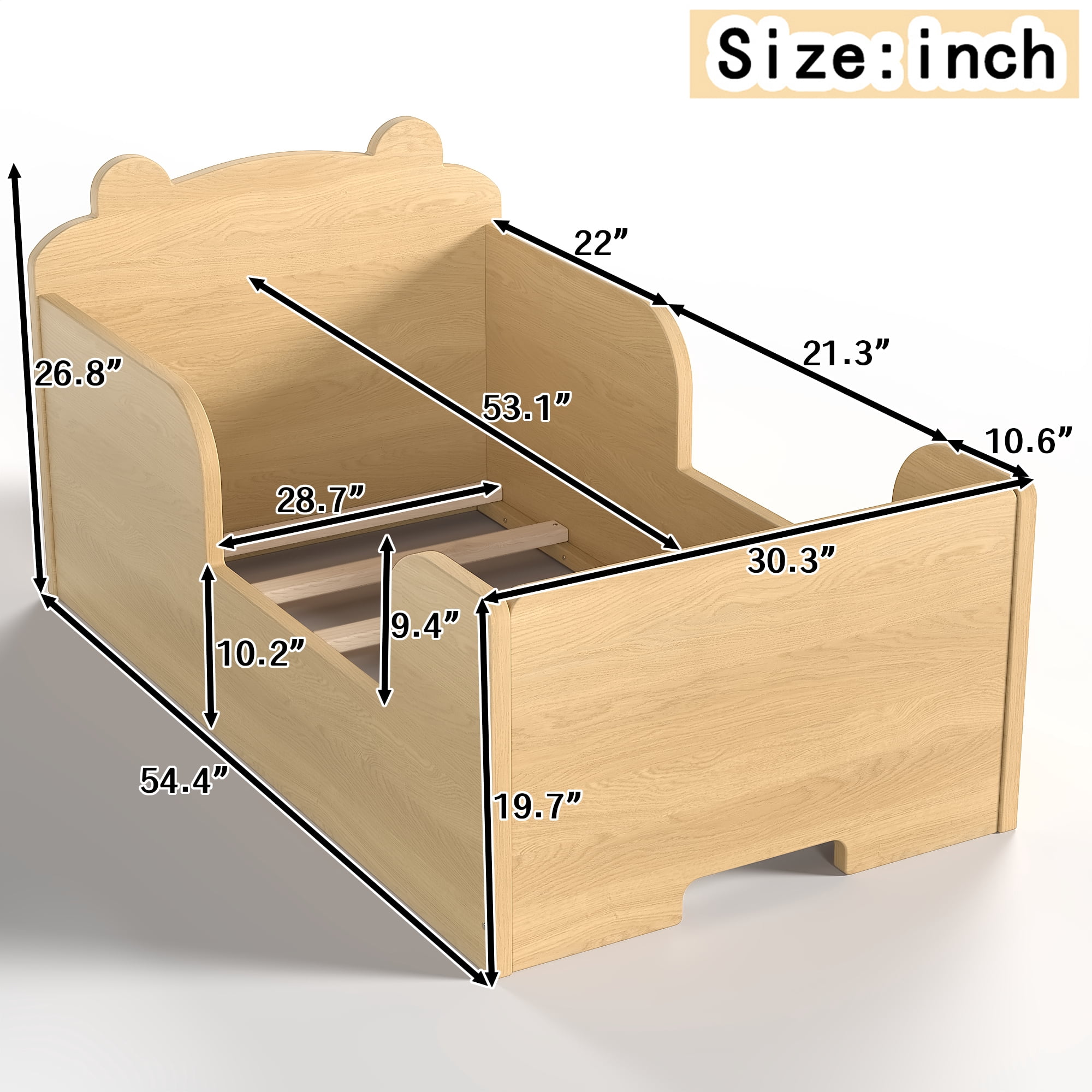 Leumius Twin Size Floor Bed for Kids,Solid Wood Montessori Floor Bed Frame with High Rails and Bear Shape Headboard for Boys Girls,Natural