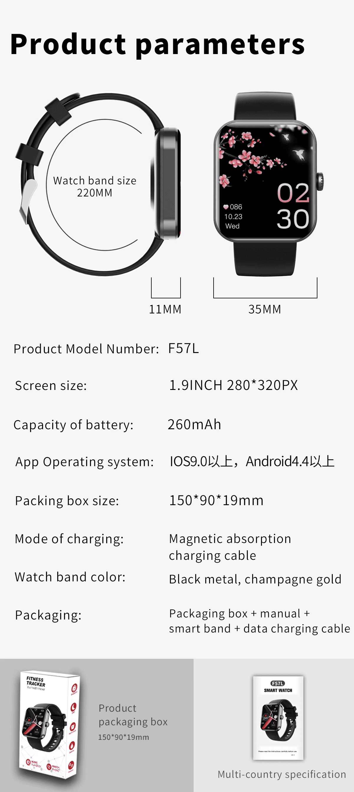 Laatikui Smart watch 1.91 Touch Screen Waterproof Sports Watch f57L