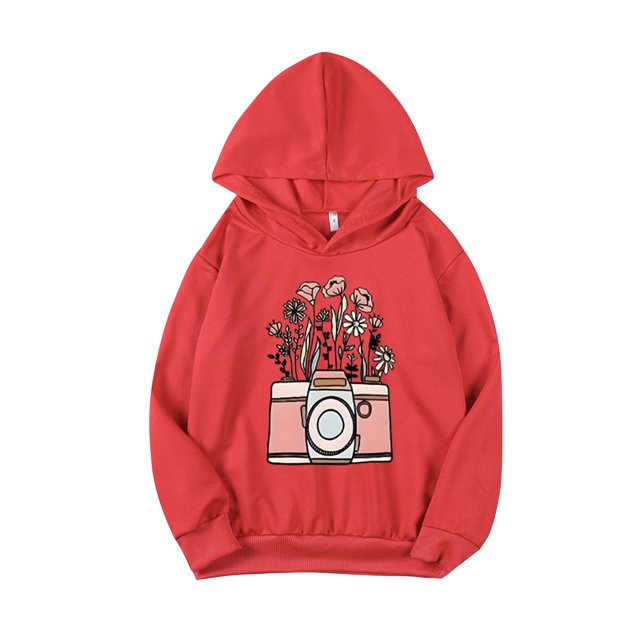 Chandails en Molleton Filles 2025 Floral Manches Longues à Capuche Haut Enfants Décontracté et Confortable Pull à Capuche Rouge