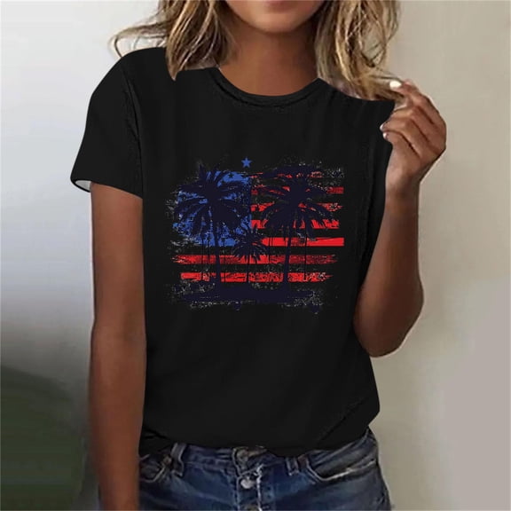Goodtrade8 4th of July T Shirts for Women Summer Short Sleeve Pullover Graphic Red White and Blue Crew Neck Red White and Blue , American Flag Casual Womens Tops Independence Day