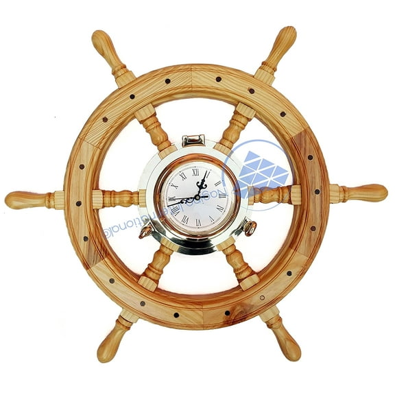 Nagina International Premium Nautical Luxurious Elegant Pine Maritime Crafted Brass Porthole Clock Ship Wheel with Large Roman Dial Face | Sailor's Nursery Birthday Gift (12 Inches)