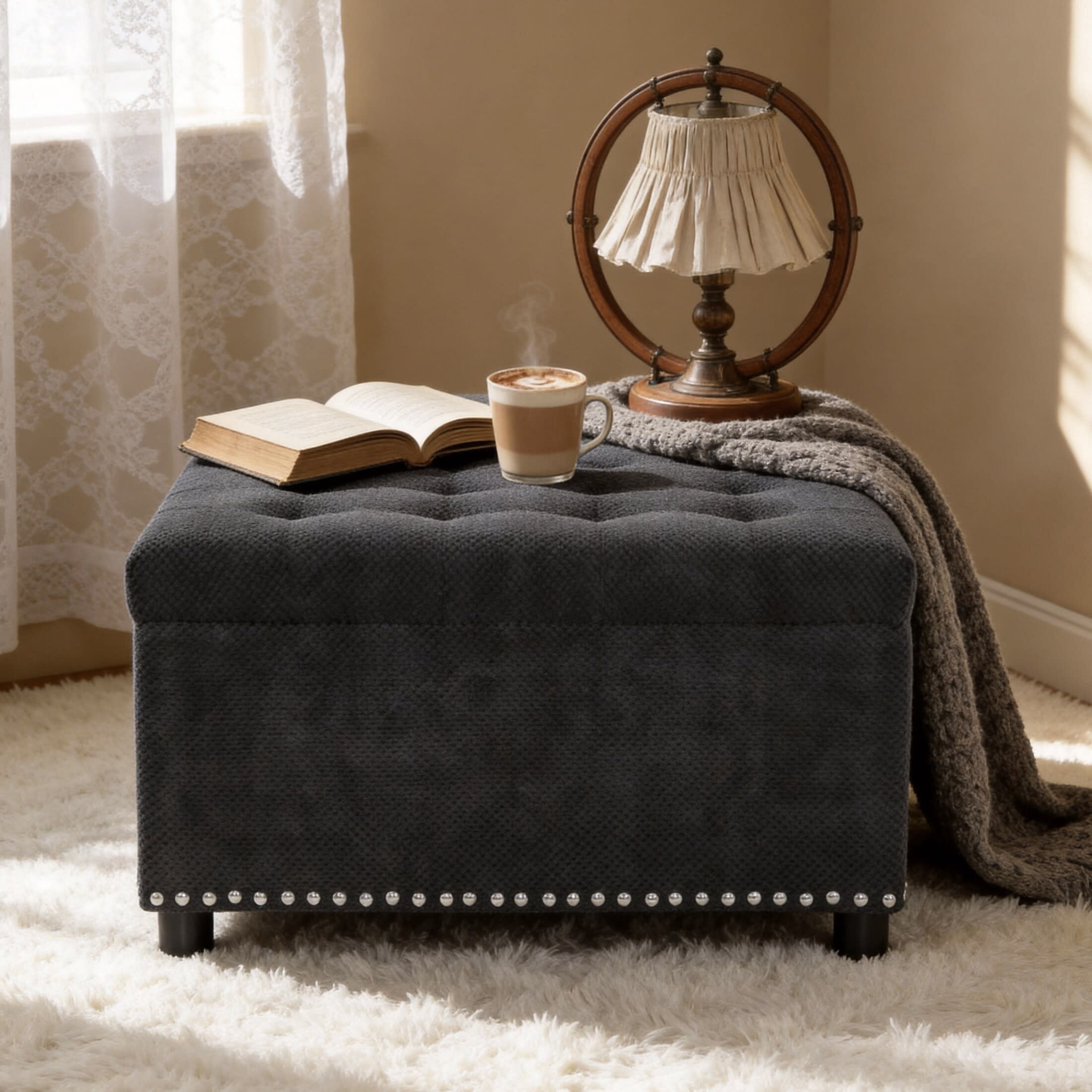 Noble House 30" Square Storage Ottoman with Tufted Top, Nailhead Trim, Black