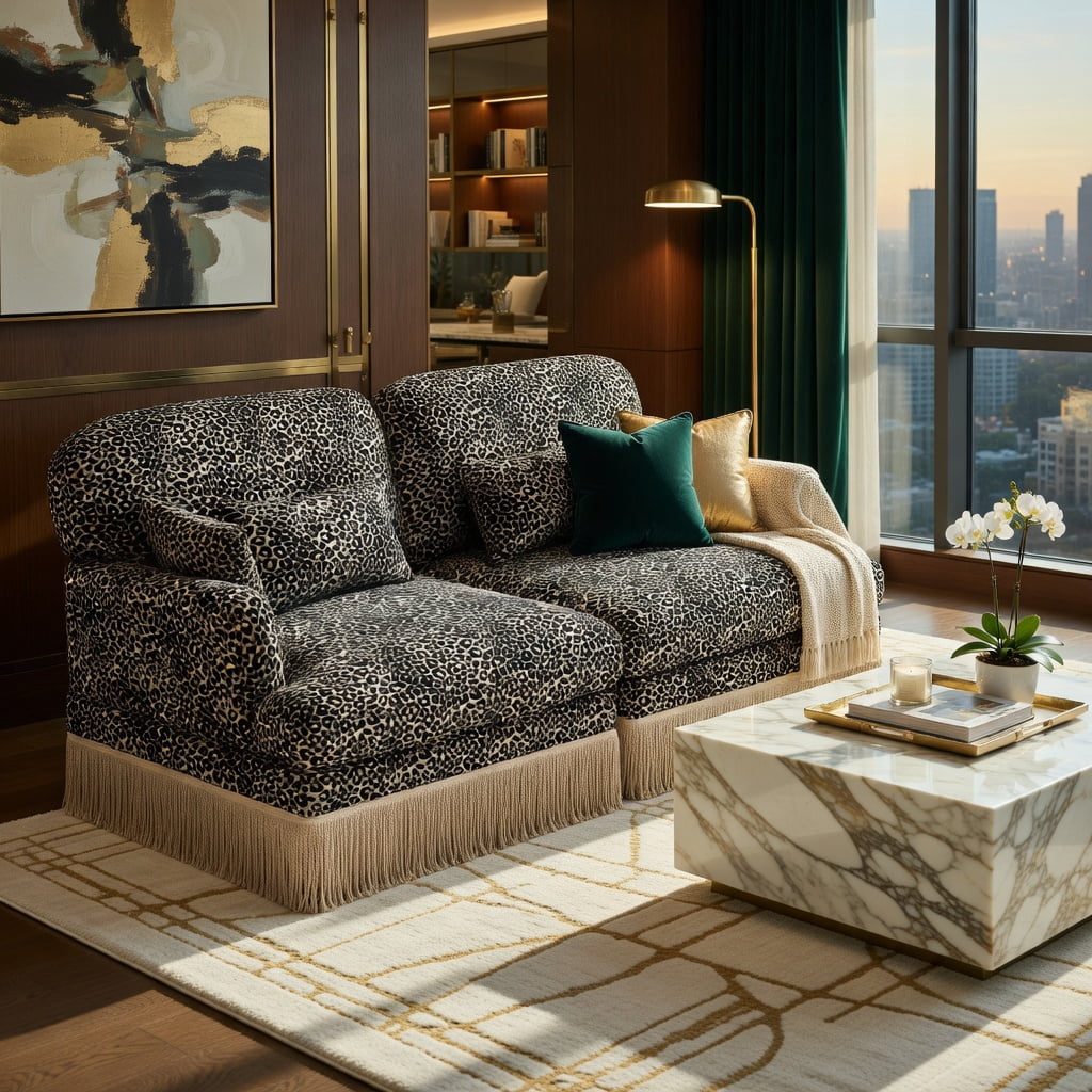 Hommoo Comfy Chenille Leopard Print Loveseat Sofa with Movable Ottoman, Tassel Trim & Ergonomic Deep Seat Design, Modern Living Room Couch Set, khaki