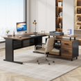 thumbnail image 3 of Tribesigns 63 Inch Executive Desk with File Cabinet, Large Office Desk L Shaped Computer Desk with Drawers and Storage Shelves, Business Furniture Desk Workstation for Home Office, Brown and Black, 3 of 8