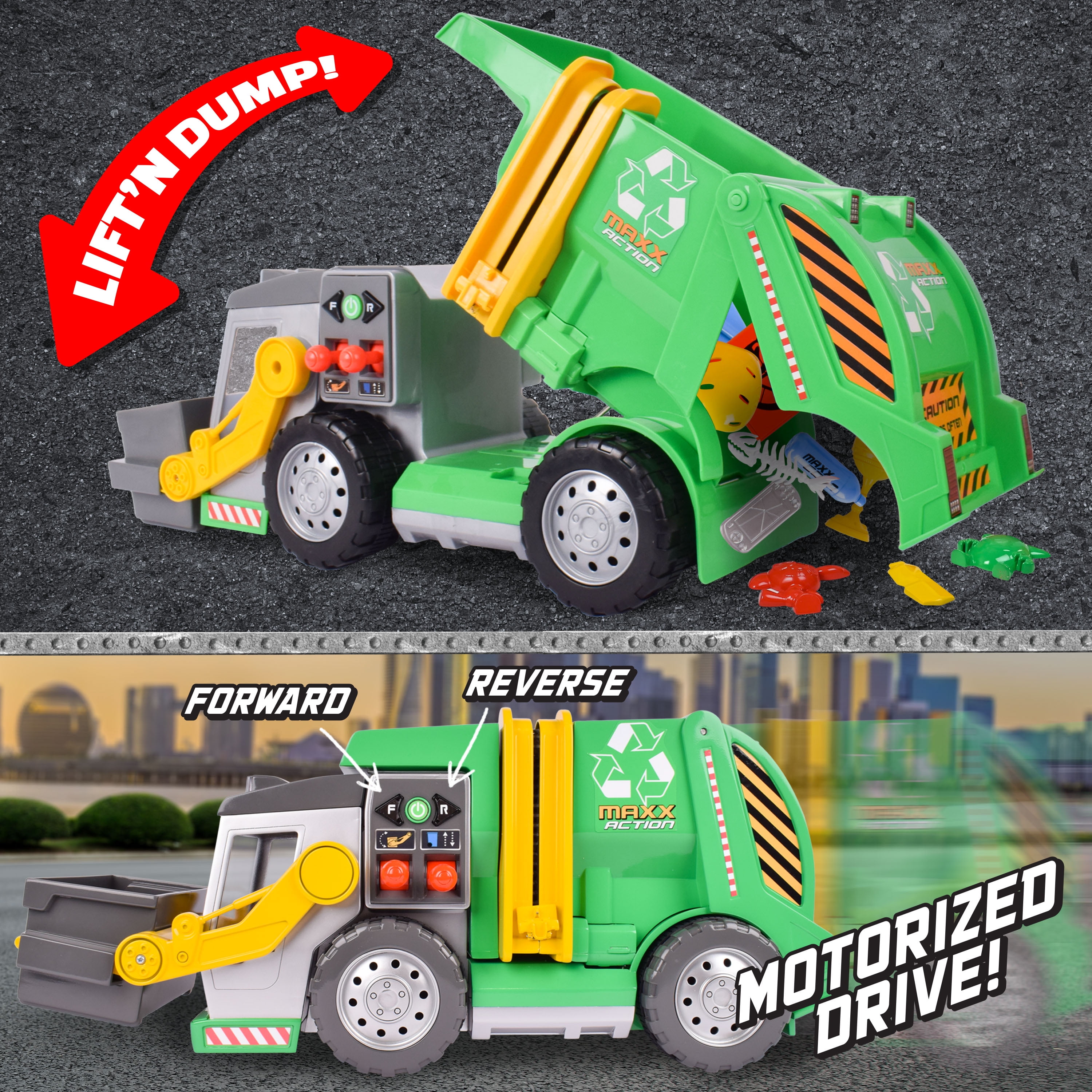 Maxx Action 3-N-1 Maxx Recycler - Garbage Truck with Lights, Sounds and Motorized Drive, Includes 15 Accessories, Play Vehicles