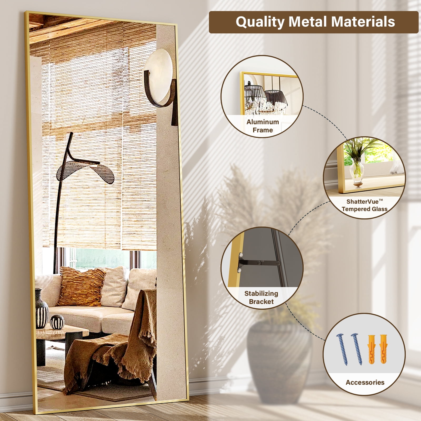 Gleamira 14"x58" Rectangular Full Length Mirror Floor Standing Mirror, Gold