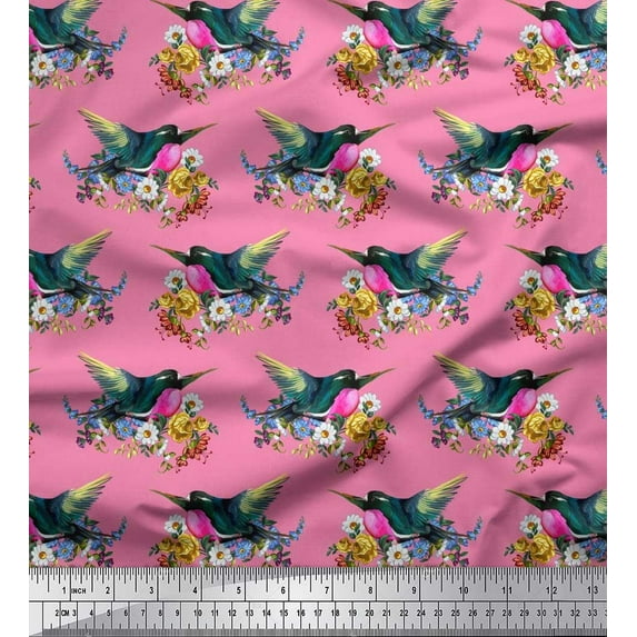 Soimoi Pink Rayon Fabric Leaves,Floral & American Robin Bird Decor Fabric Printed BTY 56 Inch Wide