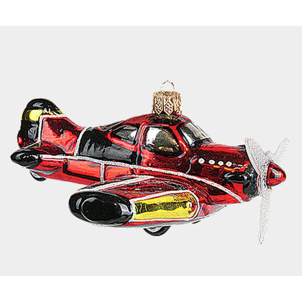 Red Airplane with Propeller Aircraft Polish Glass Christmas Ornament