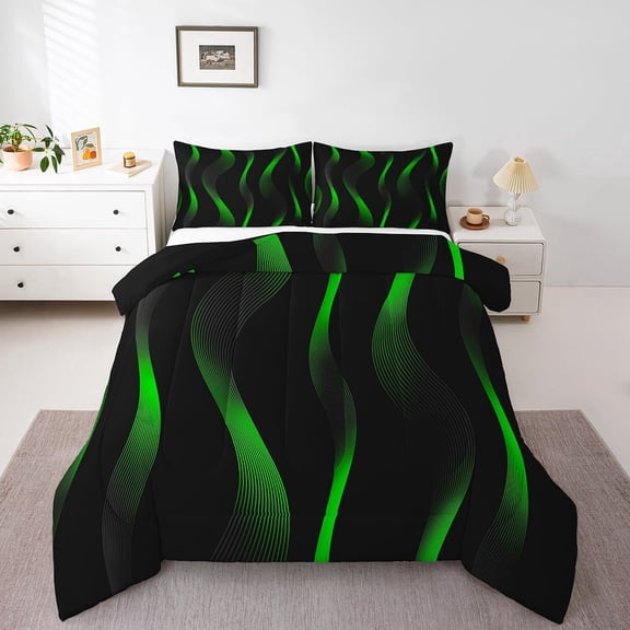 Green Stripes Bedding Comforter Sets Twin Size Adults, Geometry Bedding Set Abstract Geometric Lines Comforter Set Modern Fashion Down Comforter Aesthetic Room Decor