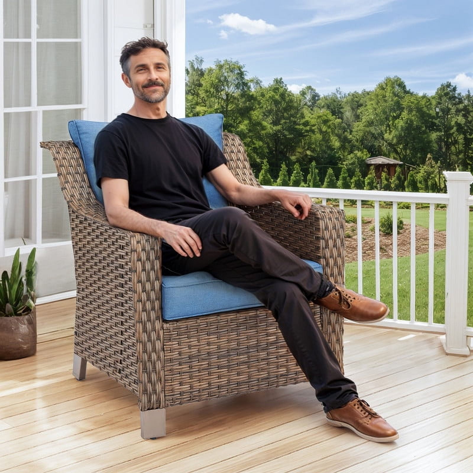 PARKWELL 9 Pieces Outdoor Patio Furniture Set 9-Seat High Back Wicker Conversation Set with Swivel Glider Chairs,Brown Wicker Navy Cushion