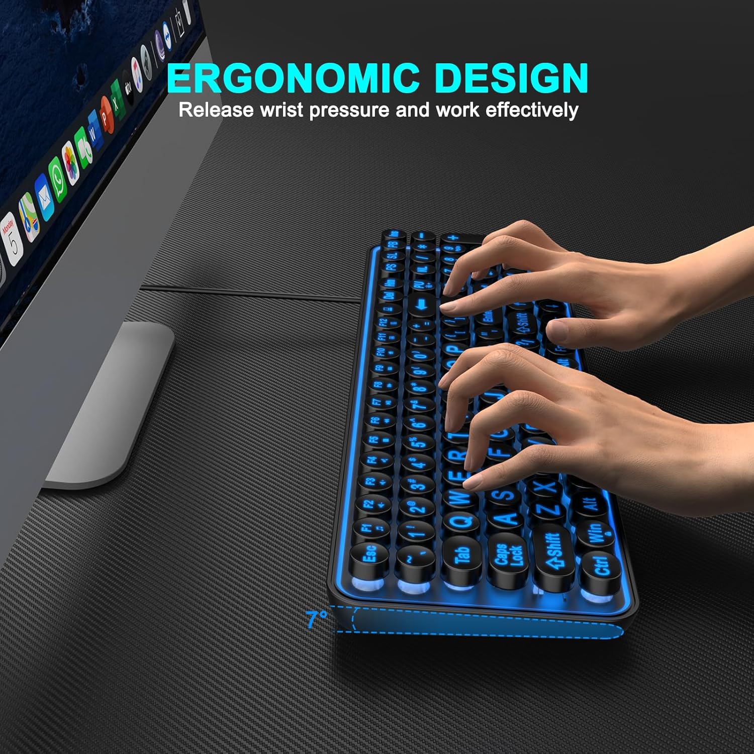 Large Print Backlit Keyboard, Wired USB Lighted Computer Keyboards with 7-Color Backlit, Oversized Print Letters, Quiet Typewriter Keyboard with Retro Round Keycaps for Windows PC, Laptop
