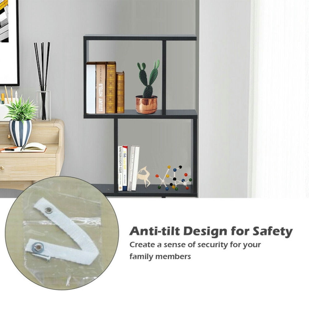 Demi Bonn 3 Tiers Wooden S-Shaped Bookcase for Living Room Bedroom Office, Freestanding Display Rack Bookshelf, Black