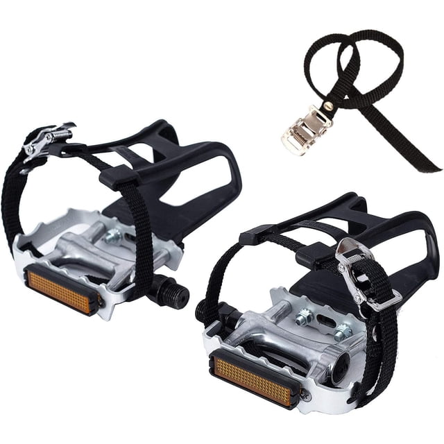 Pedal de bicicleta con Clip y Cinturones. Adecuado para bicicletas de spinning, bicicletas estáticas, bicicletas estáticas y bicicletas de exterior, eje de 9/16 pulgadas.