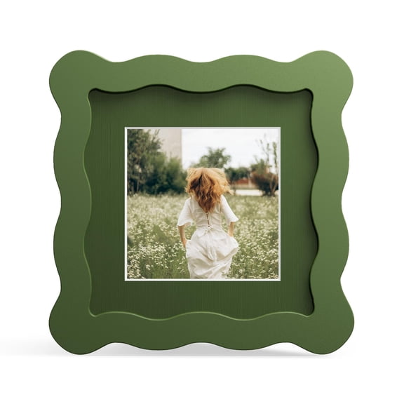 4x4 Picture Frame with Mat for 3x3, Wavy Edge Wooden Real Glass Photo Frame for Tabletop and Wall Hanging, Green, 1 Pack