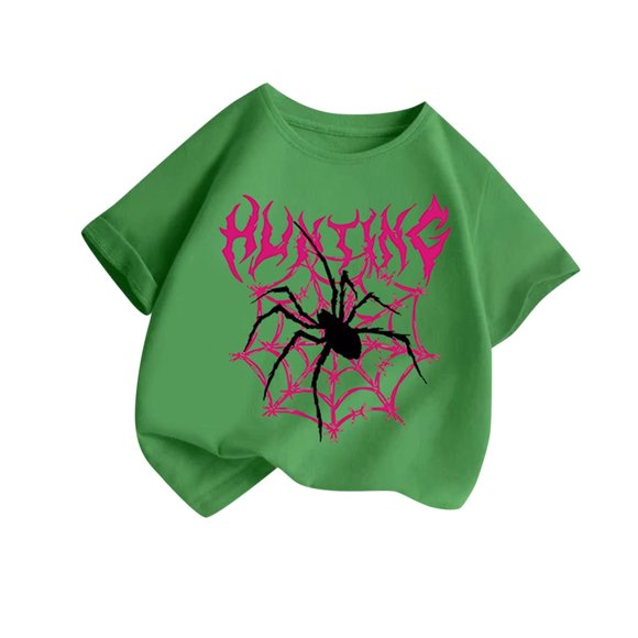 Virmaxy (2-14y) Kids Boys Girls Spider Printed Shirt Unisex Toddler Round Neck Blouses Tops 2025 Summer Cotton Loose Fit Crewneck Blouses Tops Green-1 6 Years