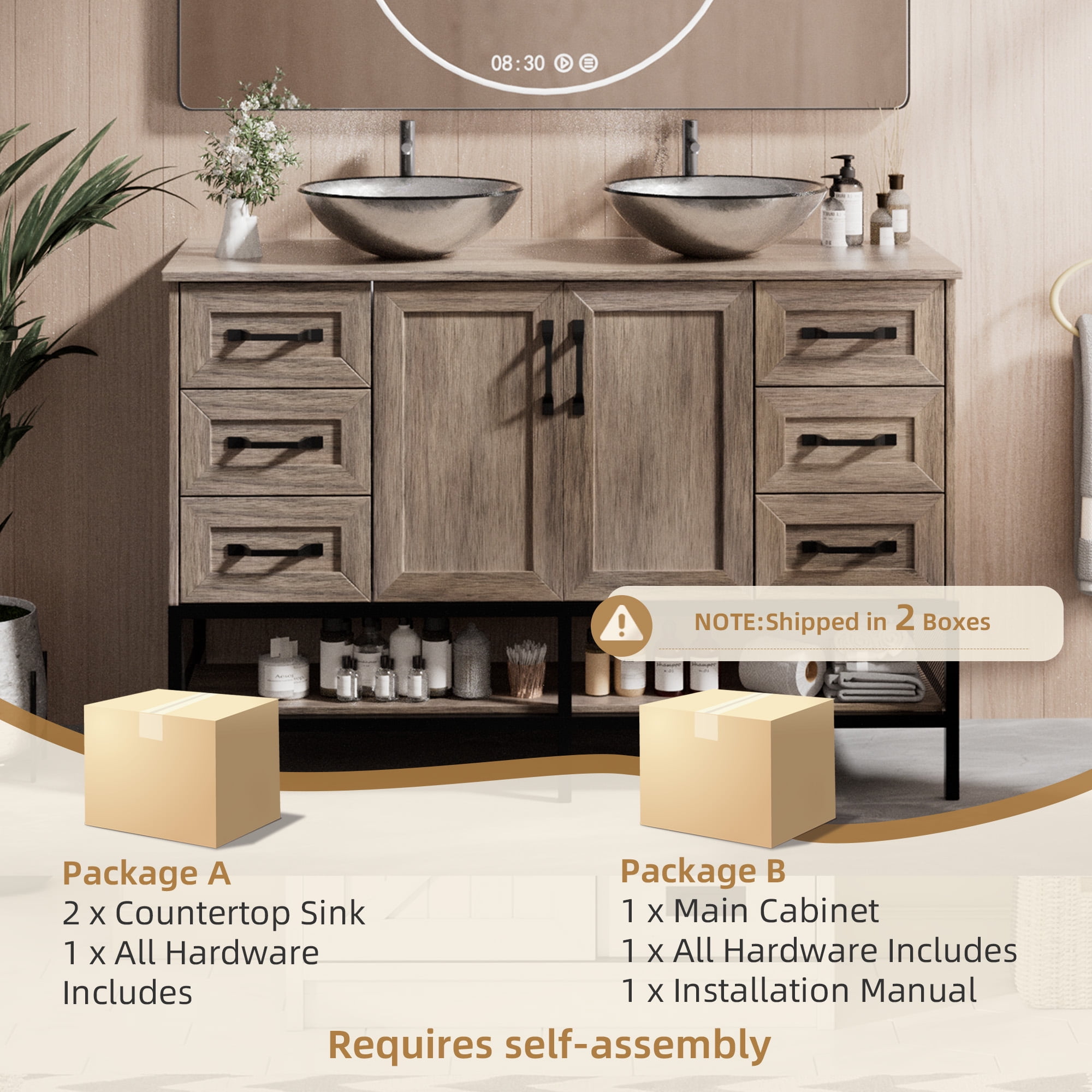 48 Inch Bathroom Vanity with Double Sink, Freestanding Cabinet with Open Shelves and 6 Storage Drawers, Modern Iron Wood Cabinet with Countertop Tempered Glass Vessel(Ship in 2 Boxes)