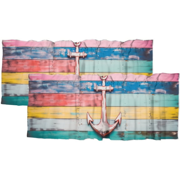 Nautical Anchor Valance Rod Pocket Window Curtain for Kitchen Beach Coastal Rustic Colorful Wooden Board Window Treatment Valance Curtains for Bathroom 54 by 18 in, 2 Panel