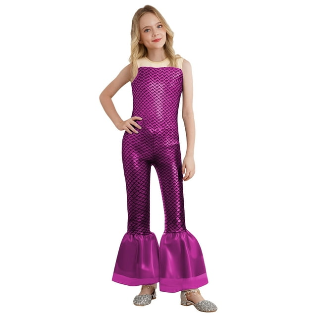 Sywiyi Princess Mermaid Romper Sleeveless Overalls With Fish Scale Design Long Bell Bottoms Hot Pink 16