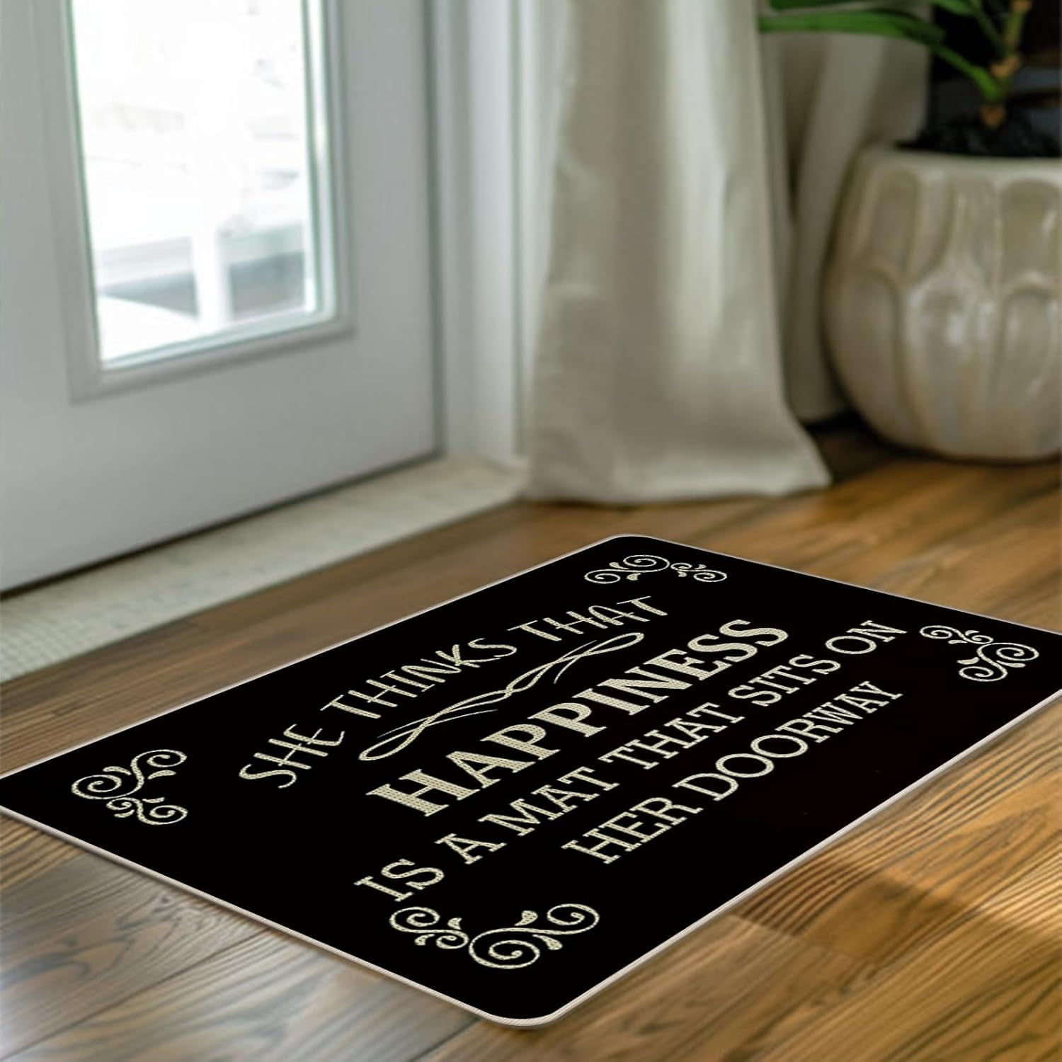 Funny She Thinks That Happiness is a Mat That Sits on Her Doorway Front Door Mat, Decorative Welcome Doormat Non-Slip Floor Entryway Rug, Low Profile Indoor Outdoor Home Kitchen Decor 17"x29"